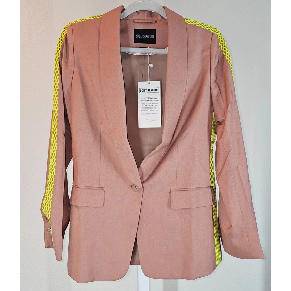 Wildfang Womens Mauve Pink Blazer Neon Yellow Mesh Stripe Shawl Collar Medium - Picture 2 of 11